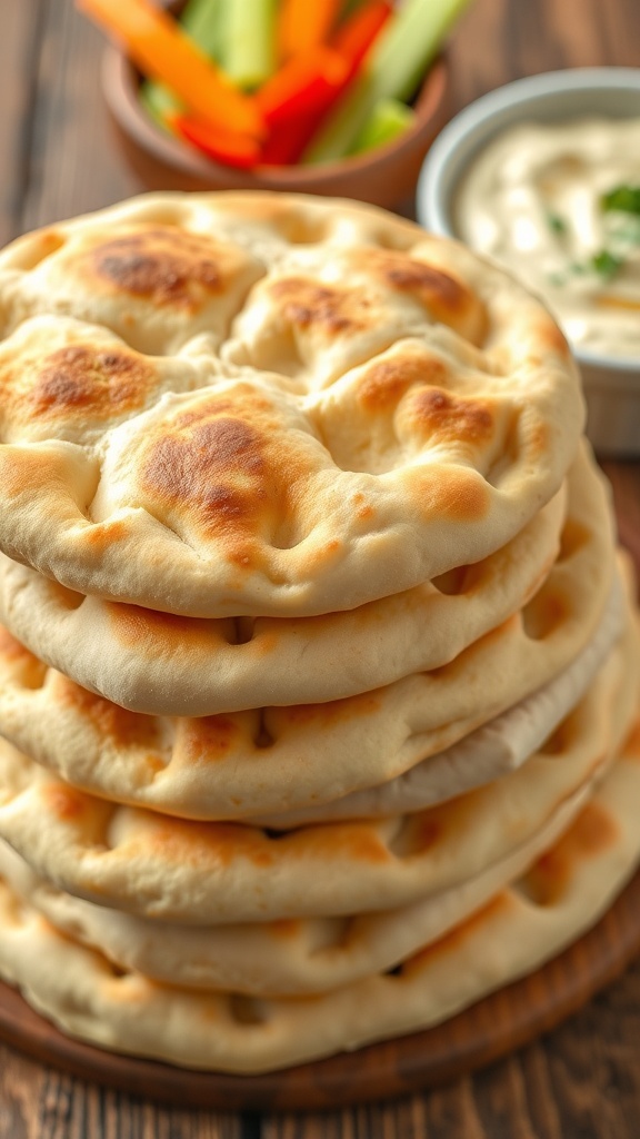 Freshly baked pita bread stacked with a bowl of hummus and vegetables on a wooden table.